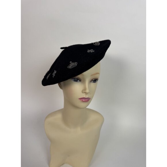 Neiman Marcus Black Wool Beret With Crown & Fleur-De-Lis Pins Made In UK main image 14